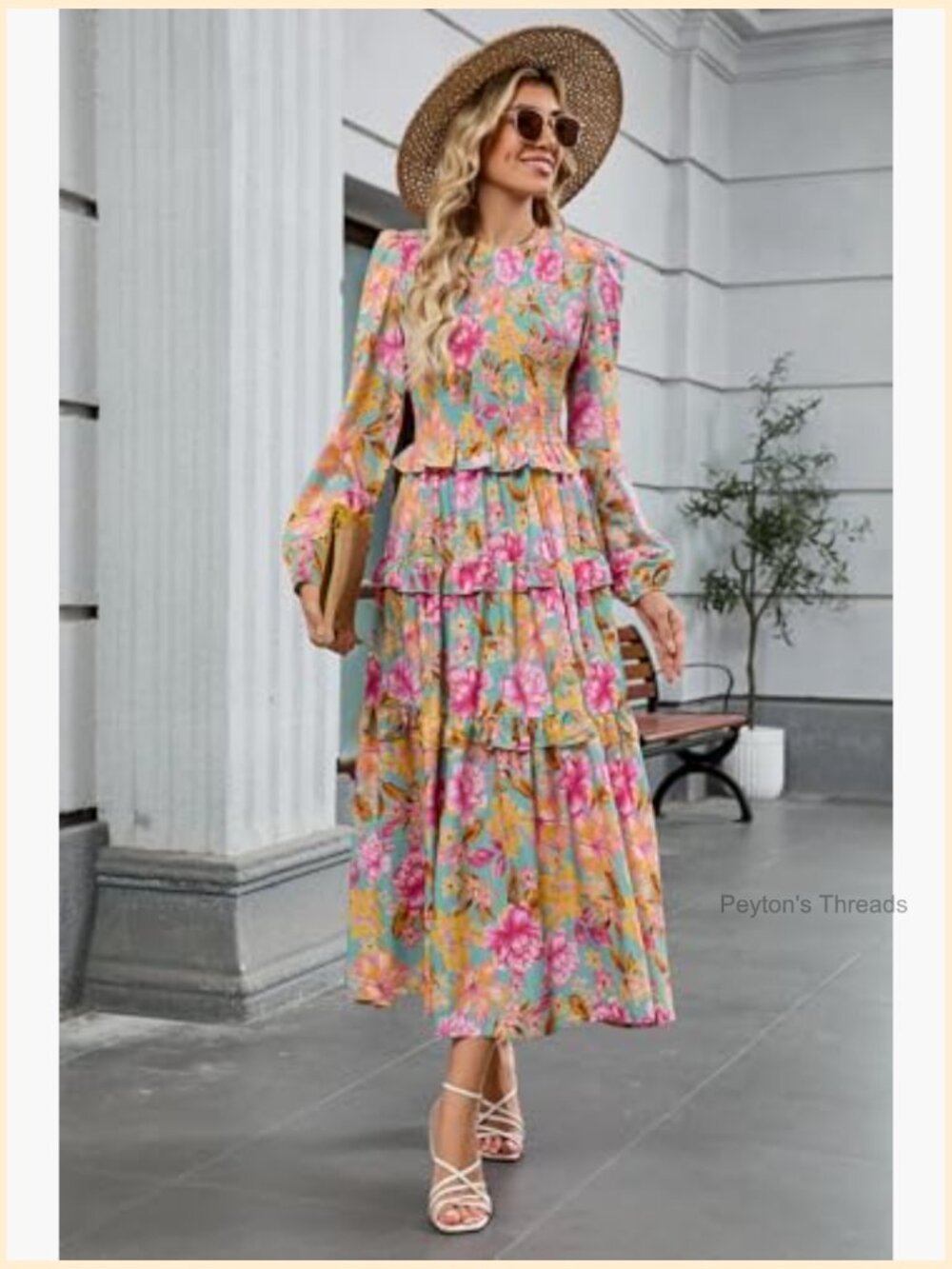 Women's Floral Smocked Maxi Dress Long Puff Sleeve Bohemian Tiered Ruffle - Picture 6 of 7